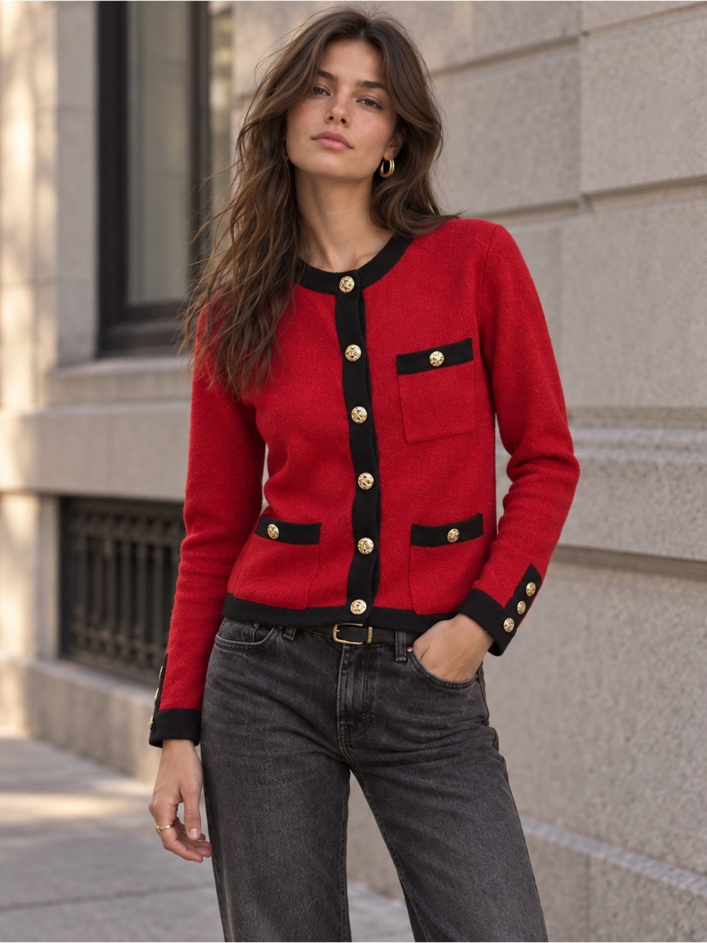 Vintage 100% Cashmere Red Cardigan Black Trim Gold Buttons Small